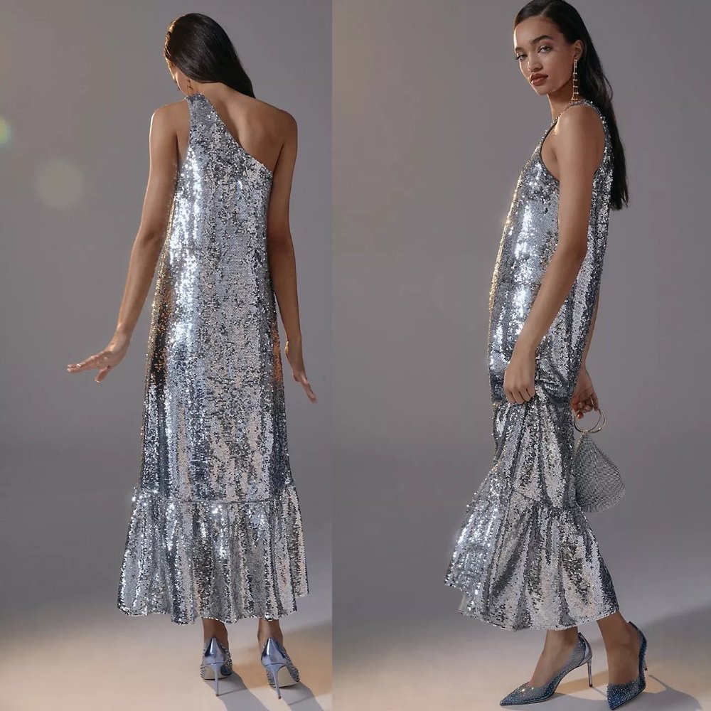 Anthropologie Silver Sequin Maxi Dress